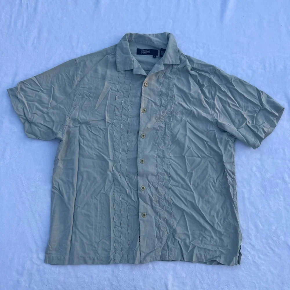 NAT NAST Men's Green Silk Casual Short Sleeve Button Down Shirt - Picture 1 of 7